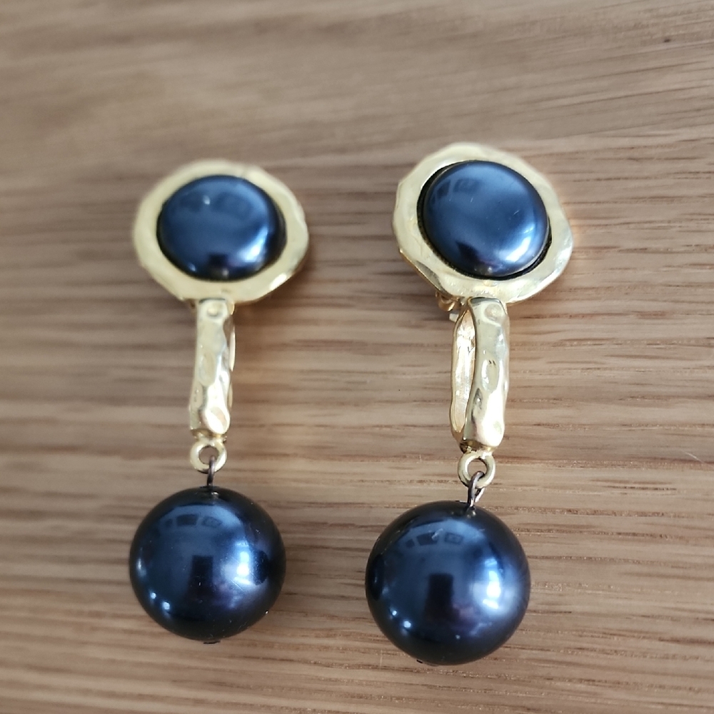 Les Bernard Dangling Black and Gold Statement Earrings